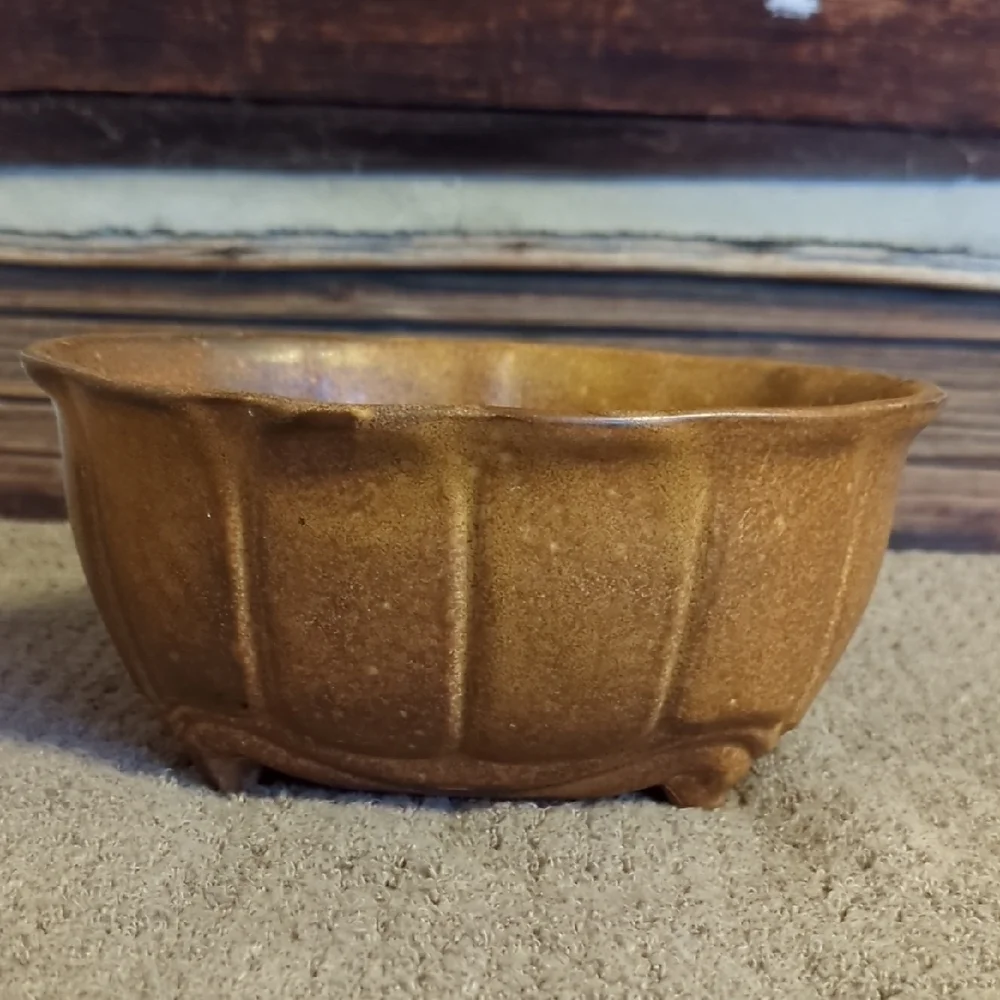 Vintage Brown Ceramic Bowl Vase Home Decor Neutral oval Stoneware